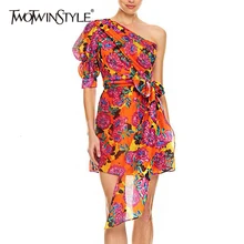 Женское платье с TWOTWINSTYLE принтом, асимметричный воротник, Пышный рукав средней длины, высокая талия, на шнуровке, мода