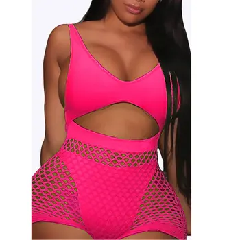 

Imcute 2 pieces Set Women Fishnet Sheer Mesh Playsuit Jumpsuit Romper Set Sleeveless Front Hole Backless Top Tank+ Shorts sets