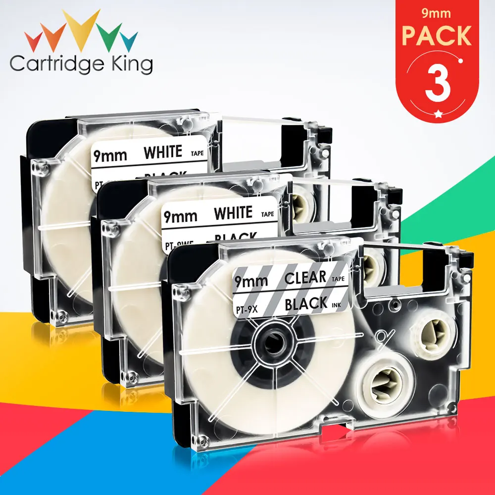 

3PK Mixed Set 3/8" 9mm XR-9X XR-9WE Black on White Clear Printer Ribbon Compatible for Casio KL-60 KL-120 KL-7400 KL-8100 Print