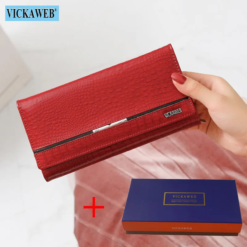 Red Wallet and Box VICKAWEB Женский кошелек из натуральной кожи многофункциональный женский клатч большие кошельки женские кошельки женский держатель для карт кошелек для телефона - Цвет: Red Wallet and Box