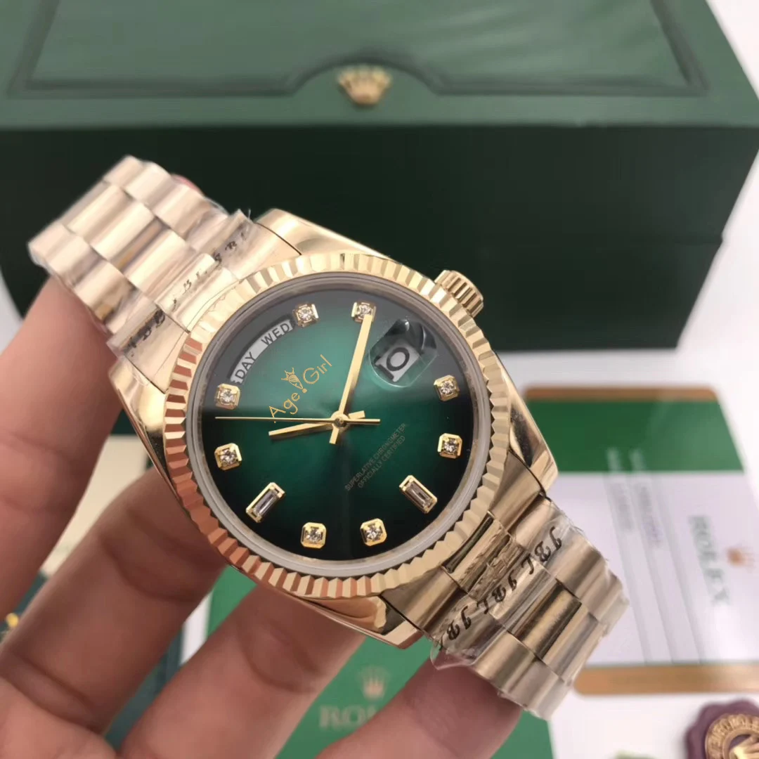 Famous Brand New Men Daydate Yellow Gold Silver Gradient Green Automatic Mechanical Stainless Steel