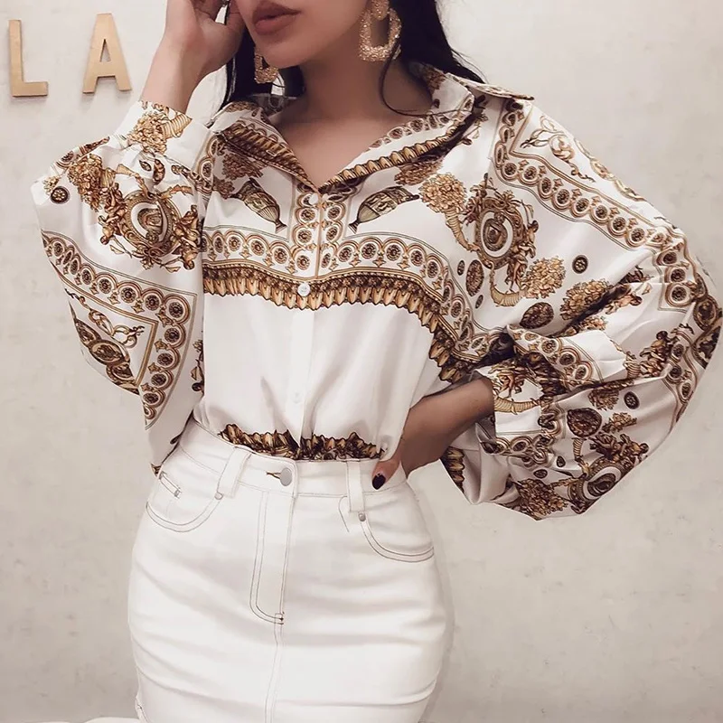 

Women Elegant Casual Shirt Female Stylish Workwear OL Basic Top Baroque Print Lantern Sleeve Autumn Casual Blouse