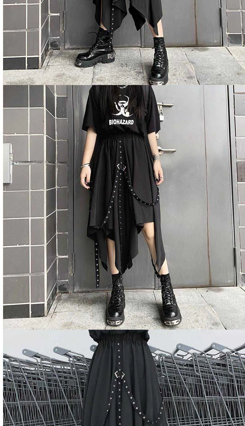 NiceMix Панк Черная лента юбка женская уличная сшитая Пряжка нестандартная юбка Свободная Повседневная мода Высокая талия длинная юбка