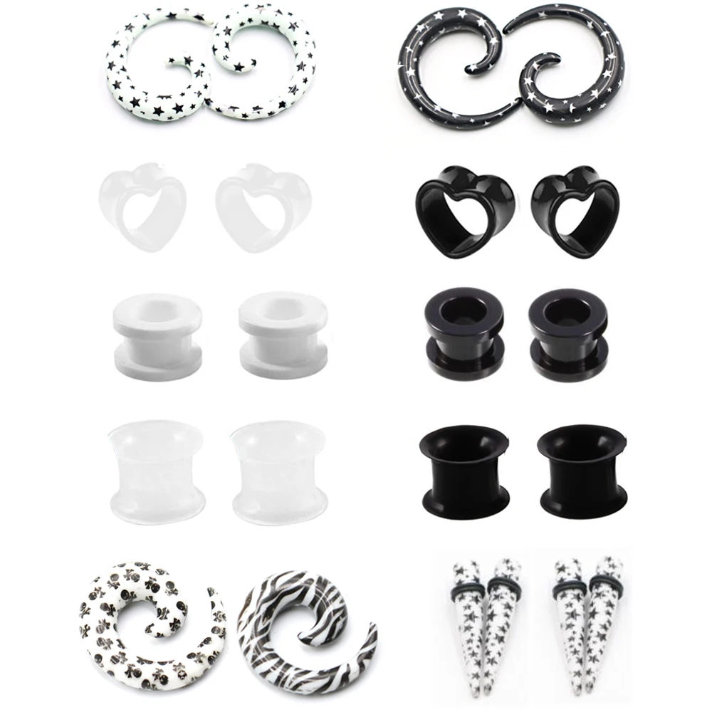 

2Pair Black White Mix Style Tunnel Plug Piercings Acrylic Spiral Ear Taper Piercing Earlets Stretchers Gauge Expander Plugs Jewe