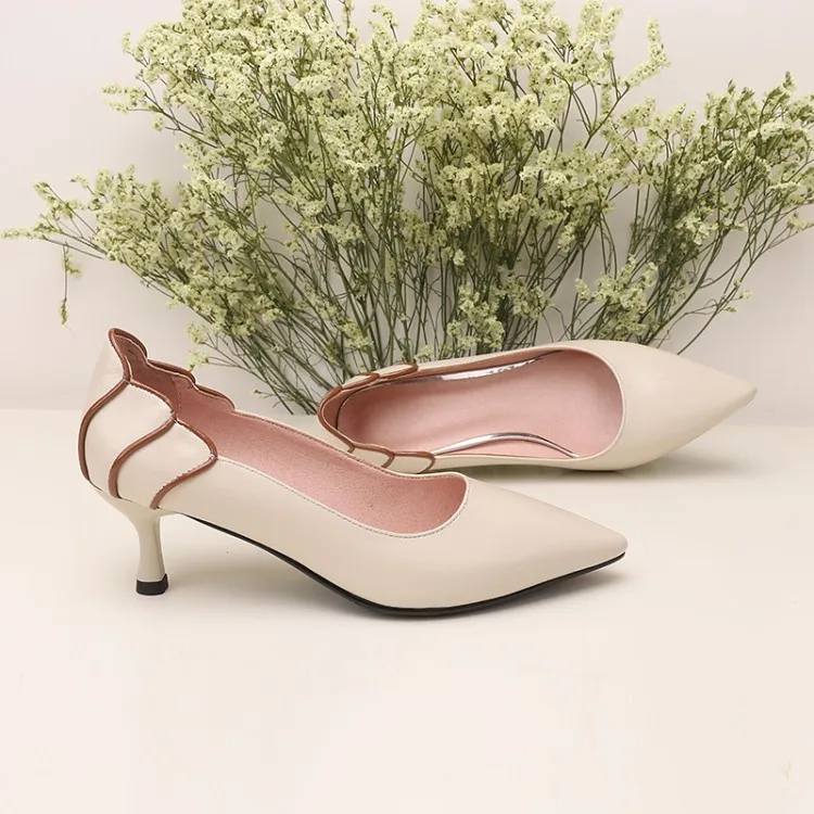 

Mixed Colors Pointed-Toe Thin Heeled Shoes Women's Spring New Style Low-Cut Semi-high Heeled Full-grain Leather Ladies' Shoes WO