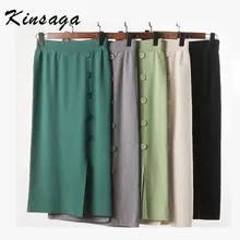 Темно-зеленые офисные женские прямые трикотажные юбки размера плюс с разрезом спереди на пуговицах, 4Xl 5Xl, женская трикотажная юбка средней длины