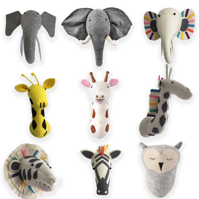 3D Elephant Giraffe Animal Head Wall Mount Decoration Hang Mural Stuffed Toy Nordic Home Room Nursery Kindergarten Artwork Decor 1