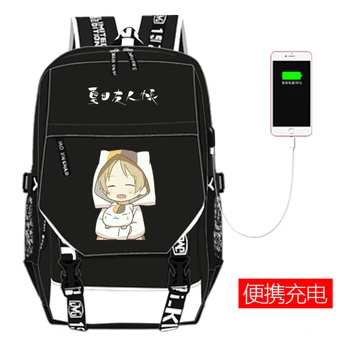 

Natsume Yuujinchou Cat USB Port Backpack Cartoon Rucksack Bag Teenager Student BookBags travel Laptop Black Bag
