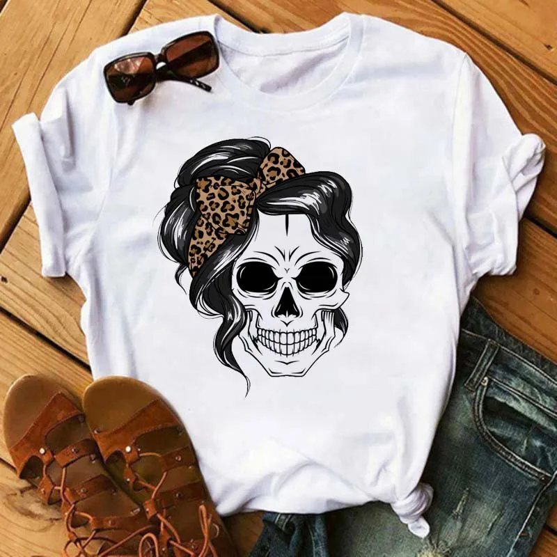 New Cartoon Mama Leopard Turban Skull Print Women Tshirts Casual O-neck Tops Loose Harajuku White T Shirt Korean Style Clothes graphic tees