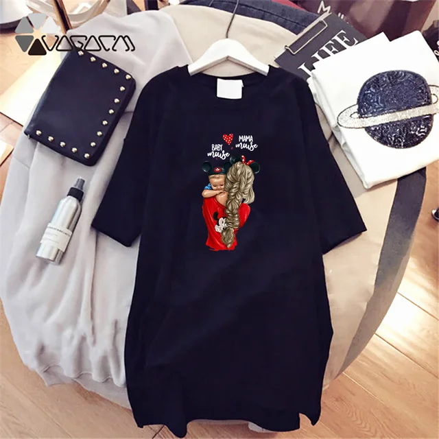 2021 Women Cartoon Print Dresses Mom and Kids Short Sleeve Mini Dress Loose Straight T-Shirt Robe Femme Casual Vestidos Kawaii D001A803 Black