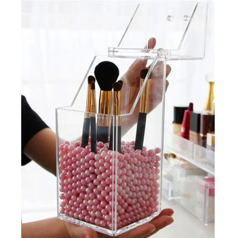 

Dustproof Acrylic Makeup Brush Organizer with Lid Cosmetic Storage Box Nail Polish Container Eyebrow Pencil Holder plus Pearls