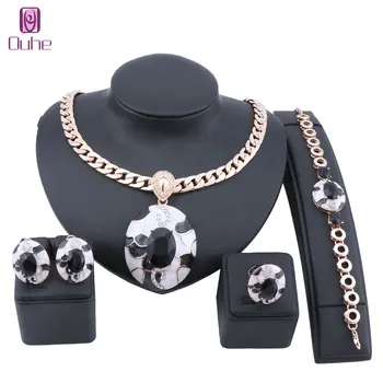 

Fashion Women African Beads Jewelry Set Trendy Party Costume Gold Color Crystal Enameled Necklace Earring Jewelry Sets