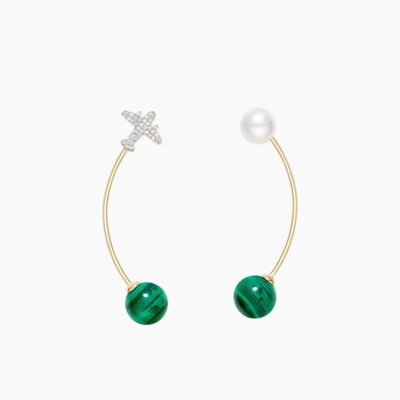 

Natural Gem Stone Turquoise Ball Plane Island Travel Pearl Earrings Inlay Zircon CZ Sterling Silver Fashion Brand Women Jewelry