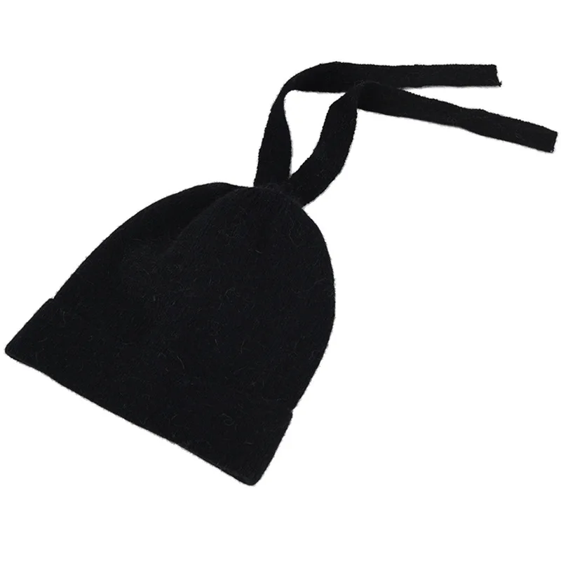 OMEA шапка из Ангорского Кролика, мягкая удобная, одноцветная вязаная шапка с бантом, Женская шерстяная шапка с лентами, зимние шапки бини для женщин и мужчин, подарок - Цвет: black