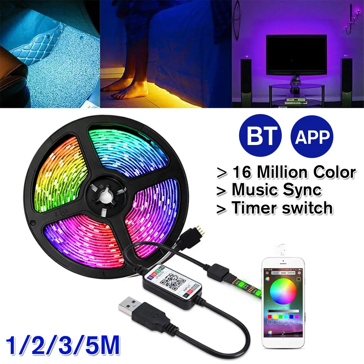 

5V USB Power bluetooth LED Strip Light 5050 RGB 60LED/M Music Remote APP Control TV Backlight Flexible Light Tape IP67