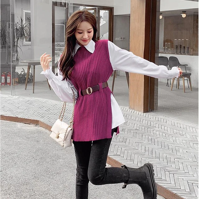Long lantern sleeve shirt women knitted vest 2 two piece set 2021 spring autumn womens Shirts sets Sleeveless Sweater tops Rose red Set
