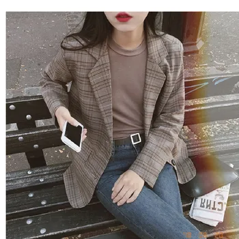 

Vintage Single Breasted Plaid Women Blazer Pockets Jackets Female Spring Autumn Plus Size Suits Coat Casual Blazer Outfits