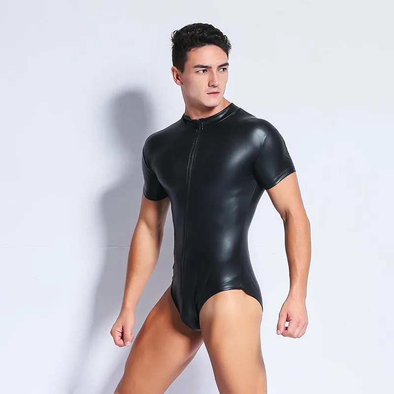Черный сексуальный мужской костюм размера плюс S-3XL из искусственной кожи, сексуальный костюм из латекса, мужское сексуальное нижнее белье из лакированной кожи, Цельный купальник для геев