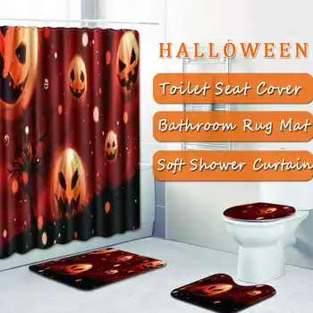 

Halloween Type Bathroom Set Shower Curtain Non-Slip Bath Mat Pedestal Rug Toilet Cover Mat Bathroom Curtains Christmas Gifts