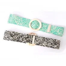 

Trendy Women Waist Band Ladies Simple Imitation Straw Woven Wide Belt Resin Buckle Decoration Waistband