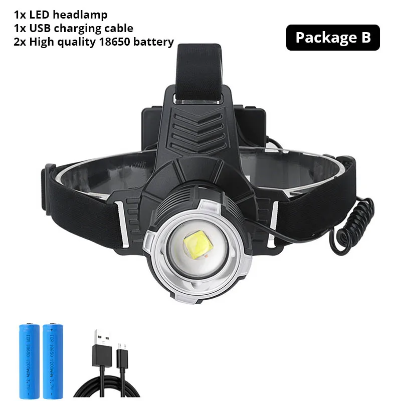 Ультра яркий XHP70.2 светодиодный налобный фонарь USB Перезаряжаемый фонарь Водонепроницаемый зум рыболовный свет 3 режима высокой мощности 18650 фонарик - Испускаемый цвет: Package B