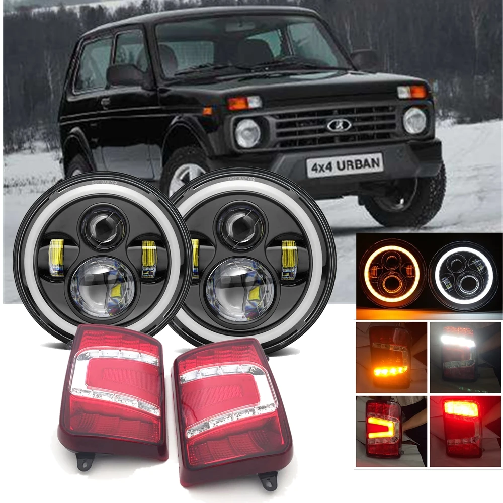 

7" Round Headlights White DRL Amber Turn Signal Halo With LED Rear Tail lights Combo for Lada Niva 4x4 1995+ Car Accessories