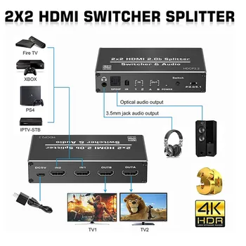 

4K HDMI 2.0 Switch 2 in 2 Out 4K@60hz, 2x2 HDMI Switcher Splitter with Optical Toslink SPDIF & 3.5mm Jack Audio Extractor 5.0