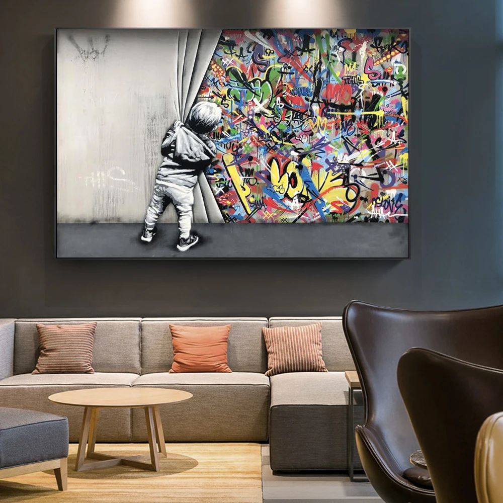 

Canvas Painting Modern Trend Street Art Kids Behind The Curtain Graffiti Art Posters and Prints Pictures On The Wall Art Cuadros