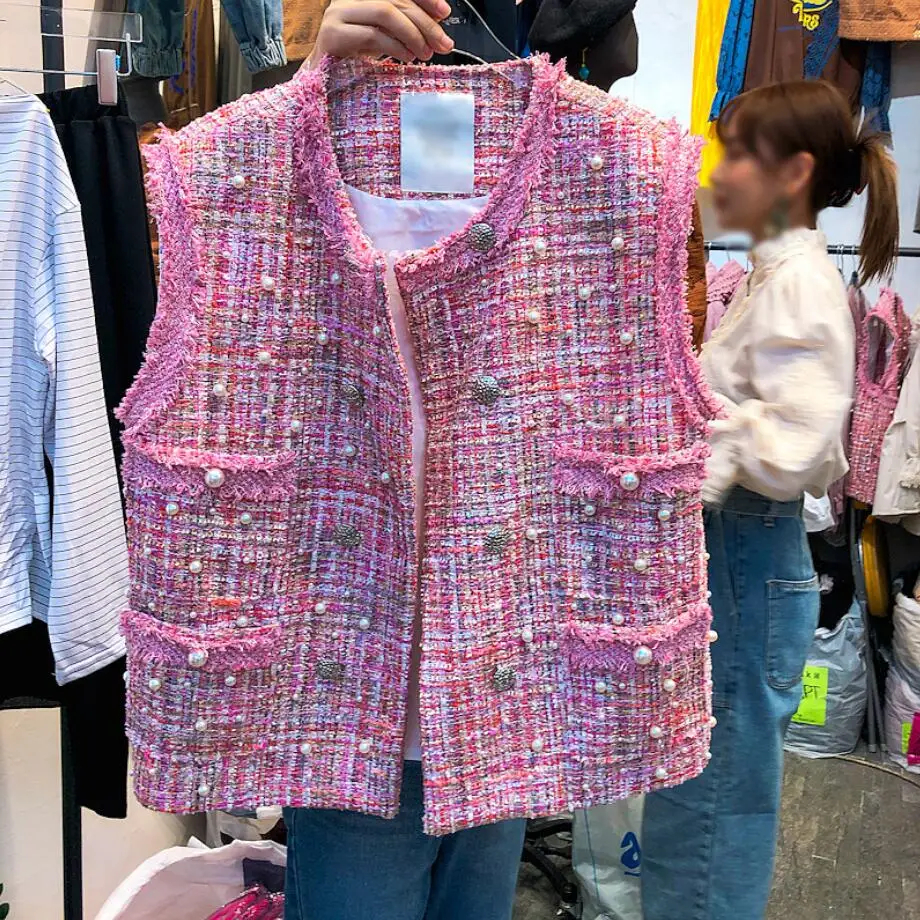pink Осенняя твидовая куртка женская без рукавов с жемчужинами высокого качества твидовый жилет винтажный Повседневный маленький аромат жилет Топ q444 - Цвет: pink