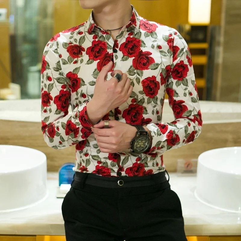 Spring Floral Print Shirt for Men New Fashion Long Sleeve Flower Mens Shirts Male Slim Flower Casual Men Shirt