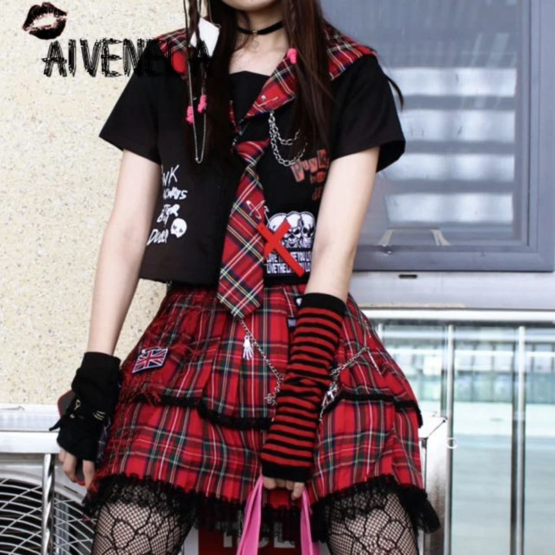 原宿 女の子のためのレース付き半袖ミニスカート パンク ネクタイ付きトップ 赤いブラウス ドレススーツ Aliexpress