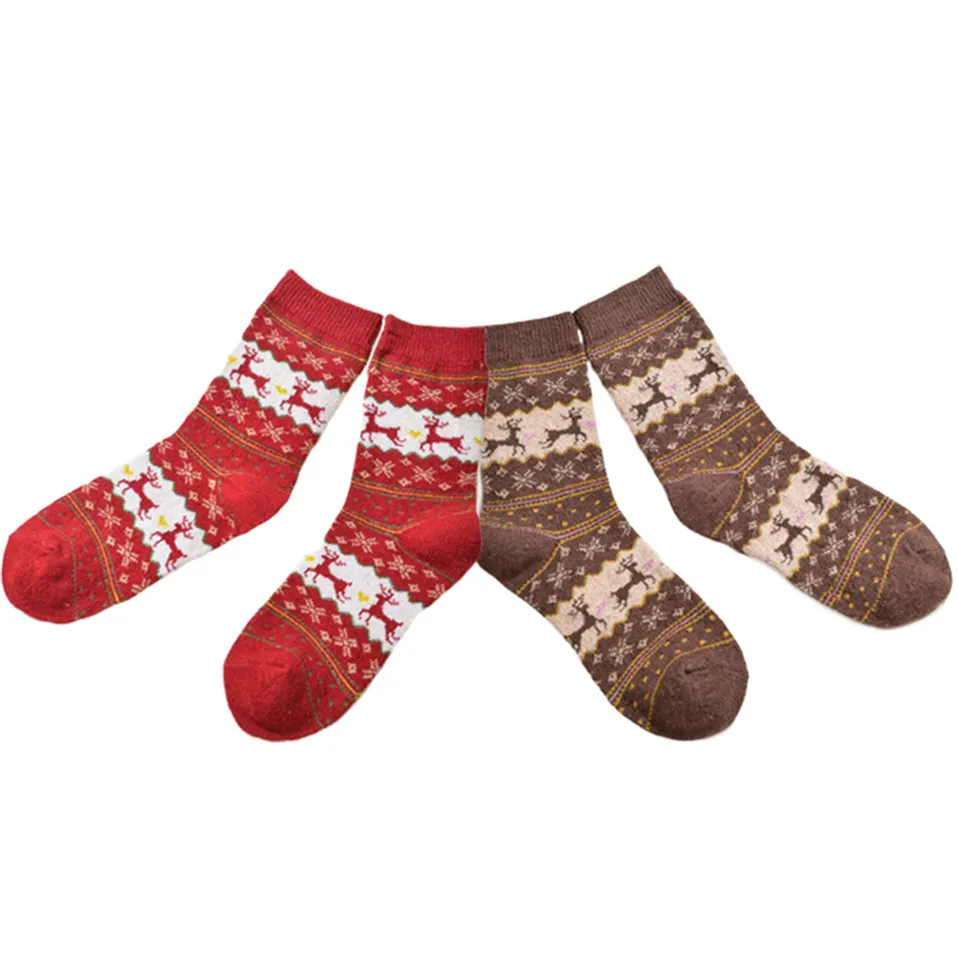 Red Brown 2 пар/лот, зимние женские носки, сохраняющие тепло, рождественский подарок, носки до середины икры, снежинка, олень, удобные мягкие носки, Calcetines Mujer - Цвет: Red Brown