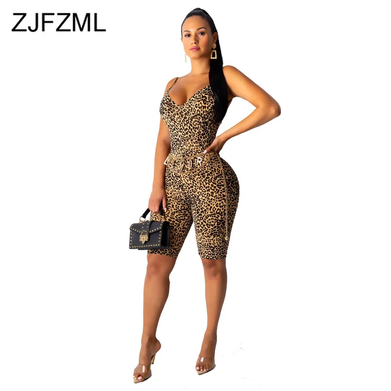 

Backless Leopard Sexy Club Playsuit Women V Neck Spaghetti Strap Short Bandage Jumpsuits Summer Bodycon One Piece Party Overalls
