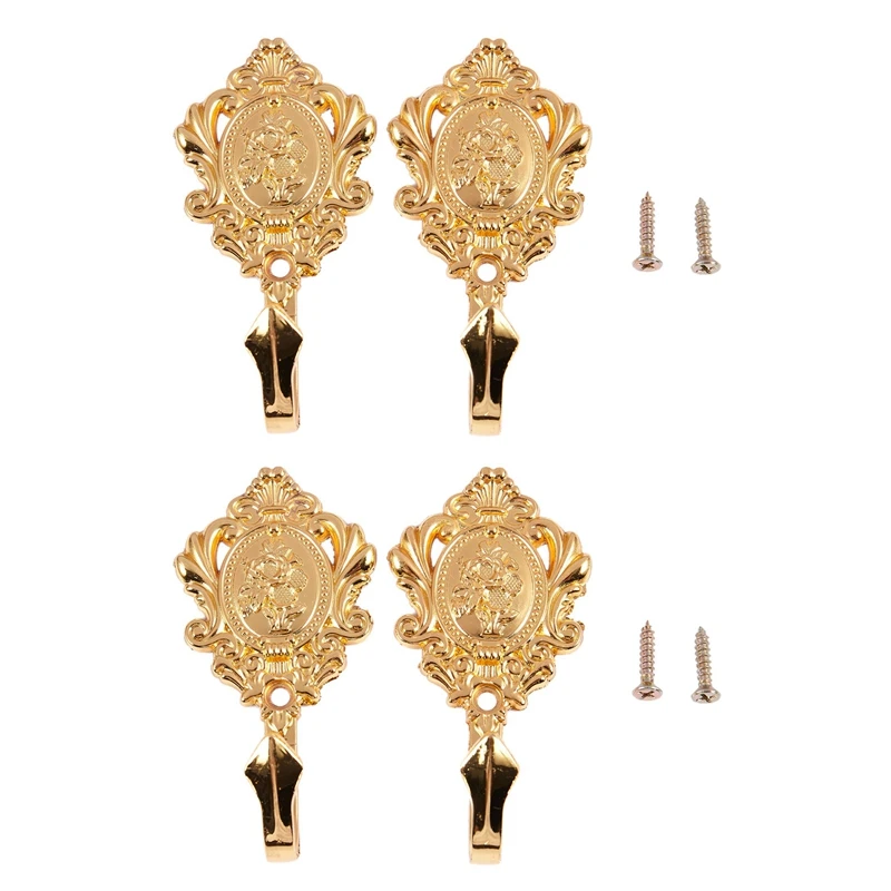 Hot XD-Rose Pattern Vintage Alloy Drapery Curtain Holdbacks Tieback Hooks 4Pcs (Gold)