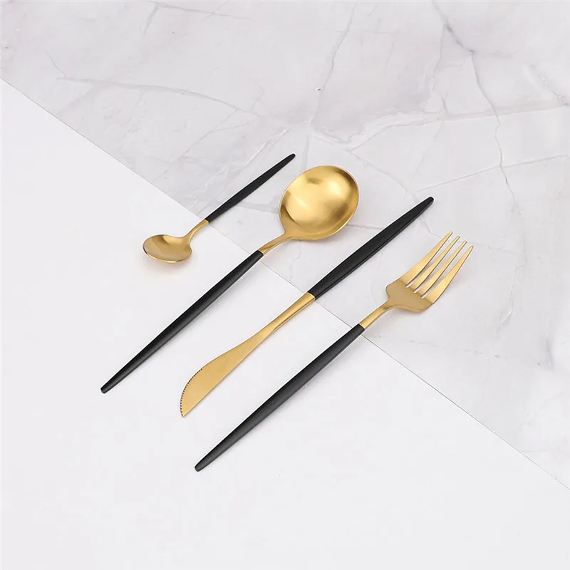 Cutlery Set Black Gold Dinnerware Fork Spoon Knife 24 Pieces Stainless Steel Complete Tableware Kitchen