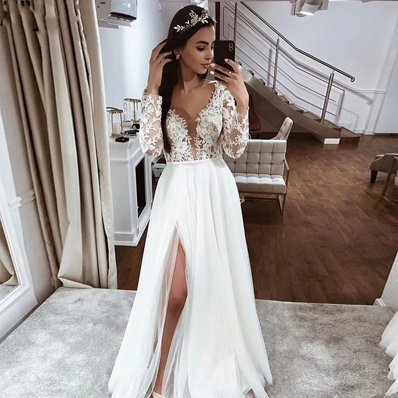 

Eightale Long Sleeves Wedding Dress V-Neck Appliques A-Line High Side Split Tulle Boho Wedding Gowns Custom Made Bridal Dresses