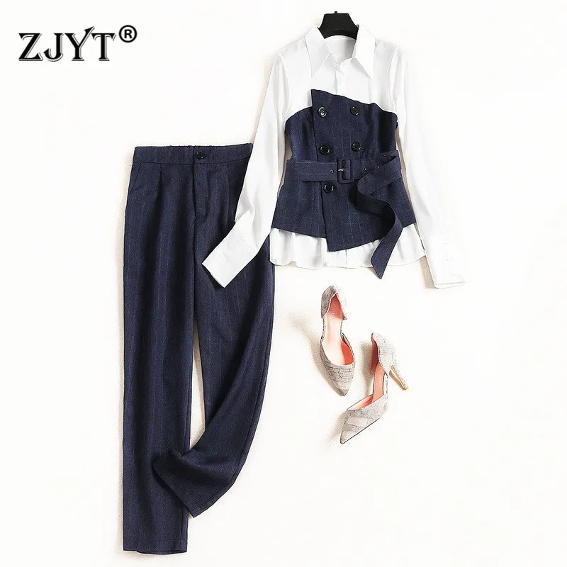 

Elegant Lady Office Work 2Piece Pants Set Autumn Fashion New Long Sleeve Patchwork Plaid Blouse and Trousers Suit Matching Sets