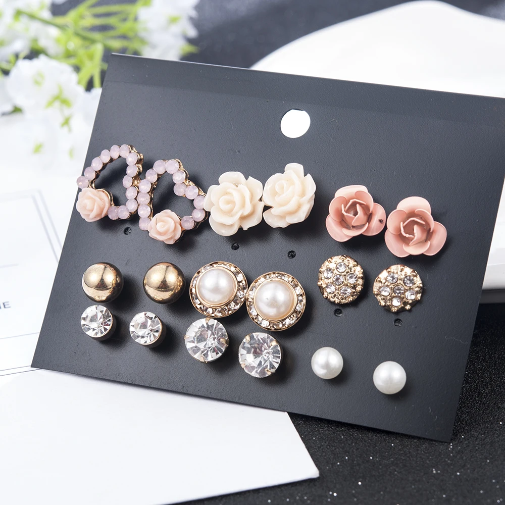 2019 New Fashion Women 9pair/set Flower Pearl Alloy Ear Earring Cute Crystal Wedding Jewelry Gifts For Girl korean fashion