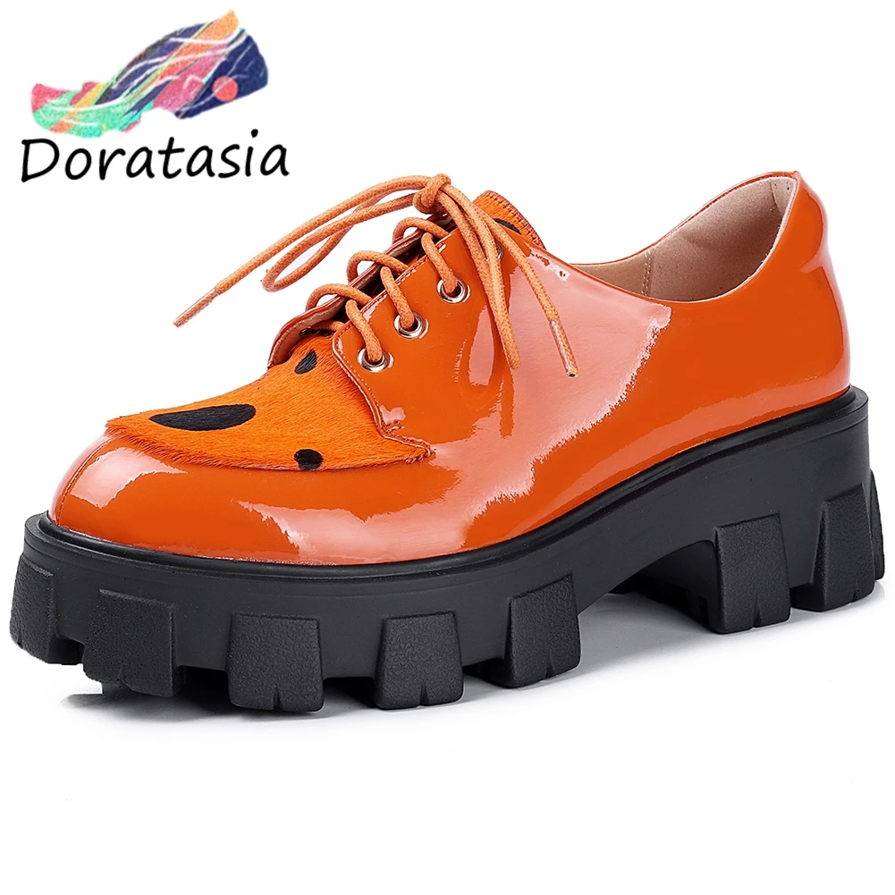 

DORATASIA Brand New Girls Fashion Horsehair Lace Up Pumps Women Patent Leather Pumps Party Office Chunky Heels Shoes Woman