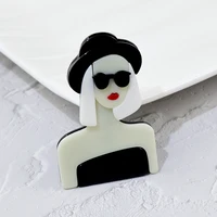 CINDY XIANG Wear Black Glasses Hat Cool Girl Brooch Acrylic Acetate Fiber Jewelry Red Lip Lady Modern Women Pin High Quality 3