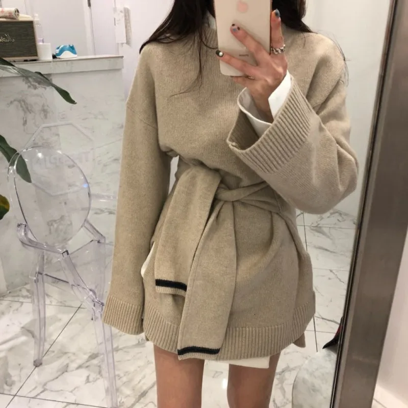 

[EWQ] 2020 Autumn New Pattern Round Collar Solid Knitting Asymmetrical Lace Up Pullvoers Casual Dress Women AH68111