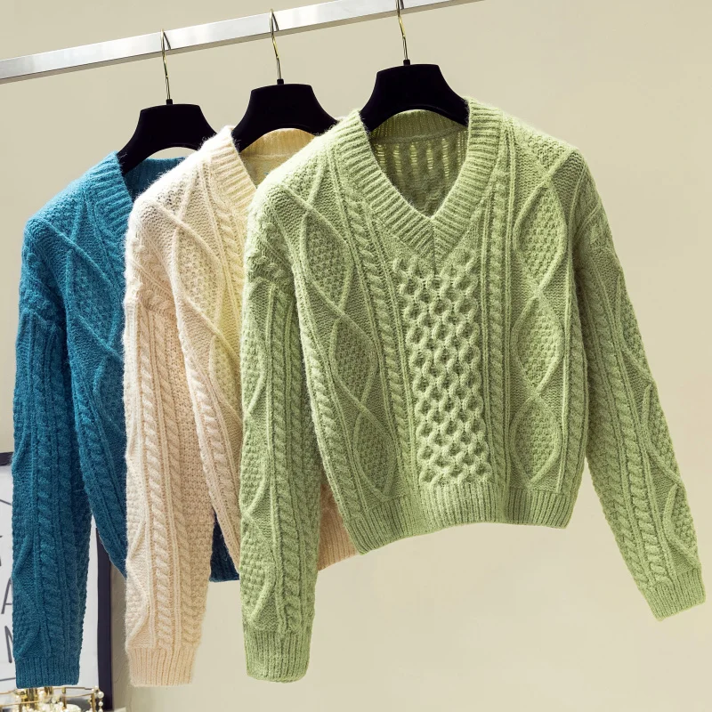 Женский шерстяной свитер Alpace, длинный рукав, v-образный вырез, твист, вязаный теплый пуловер, джемперы для женщин, Осень-зима, ребристые короткие свитера, Топ