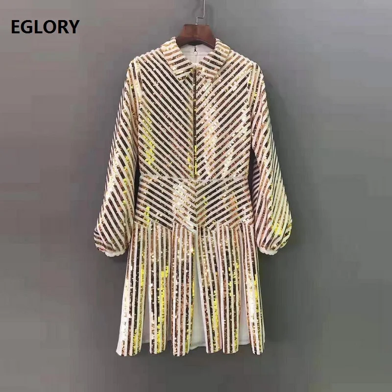 

Sequined Dress 2019 Autumn Fashion Party Club Women Turn-down Collar Allover Striped Patterns Sequin Long Sleeve Dress Festival