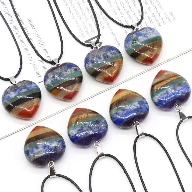 Natural Crystal Seven-color Stone Splicing Love Pendant Chakra Necklace For Women Jewelry