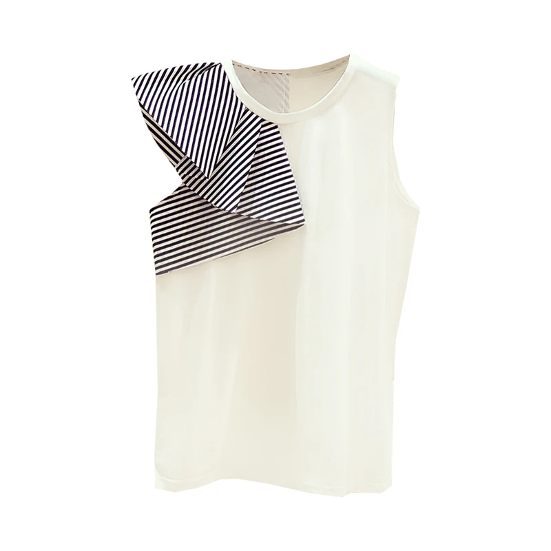 Summer Women's T-shirts New Temperament Stripe Ruffled Stitching Sleeveless Round Neck Tshirt Women Casual Joker T-shirts