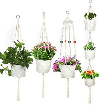 

4Pcs Macrame Plant Hanger White Handmade Cotton with 4 Hanging Hooks Indoor Outdoor Hanging Plant Pot