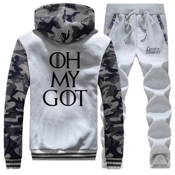 

Oh My Got New Winter Coat Thick Casual Camouflage Hoodies Warm Jackets Game Of Thrones Suit Fleece + Pants Print Hoody 2PC Set