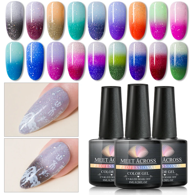 MEET ACROSS Thermal Glitter Gel Nail Polish 3 Colors Temperature Color Changing Nail Art Gel Lacquer DIY Soak Off UV Gel Varnish