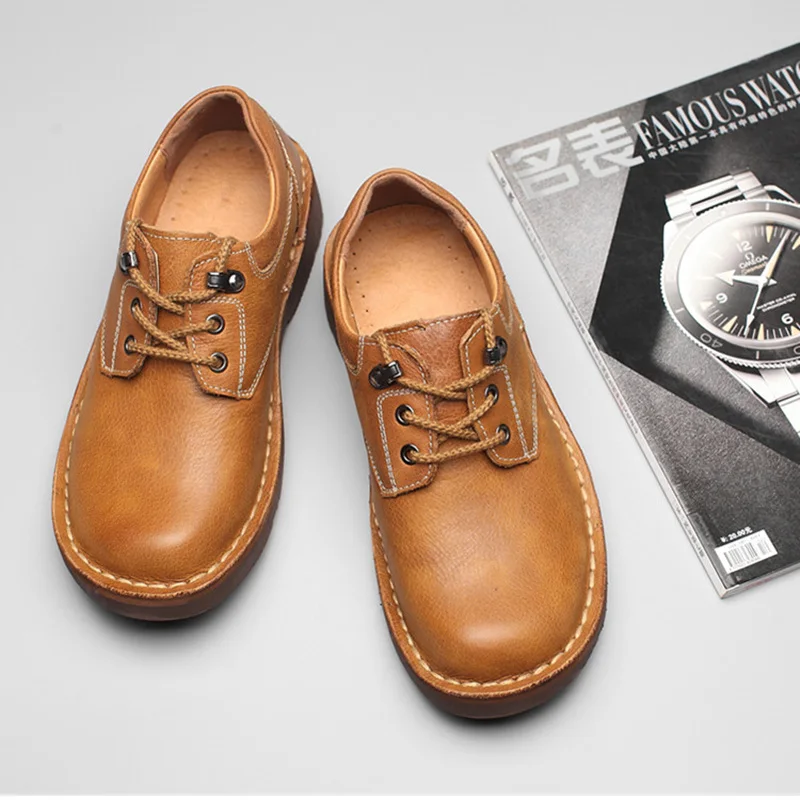 US 6-10 Classical Lace Up Men Leather Casual Work Shoes Big Round Toe Comfortable Oxfords Male Spring Four Seasons
