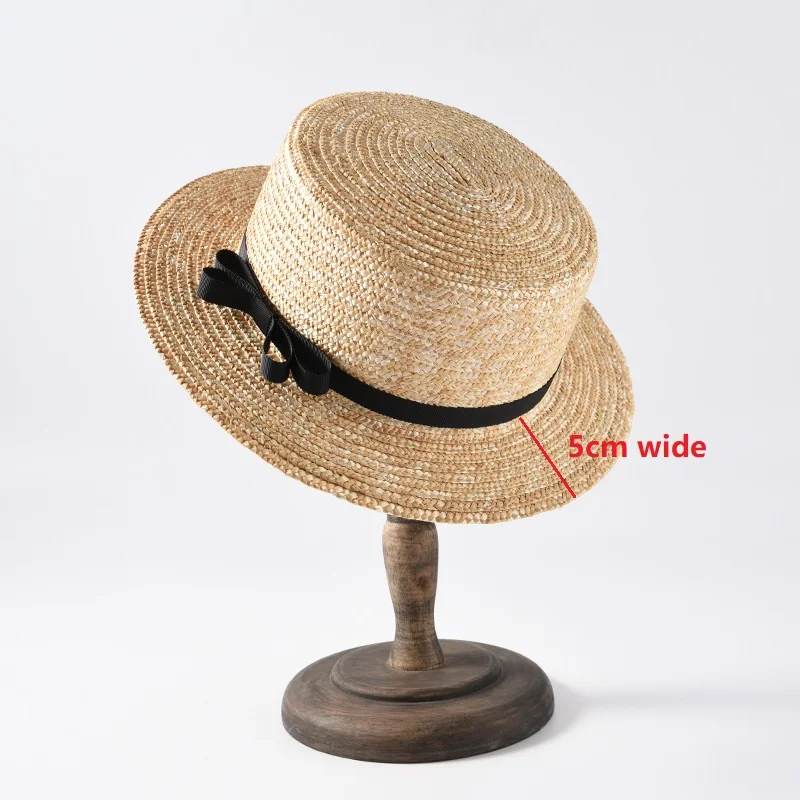 Flat straw hat spring summer ladies 5cm 7cm 9cm wide brim boater hat vacation sunshade beach With black bowknot beach hat,women sun hat